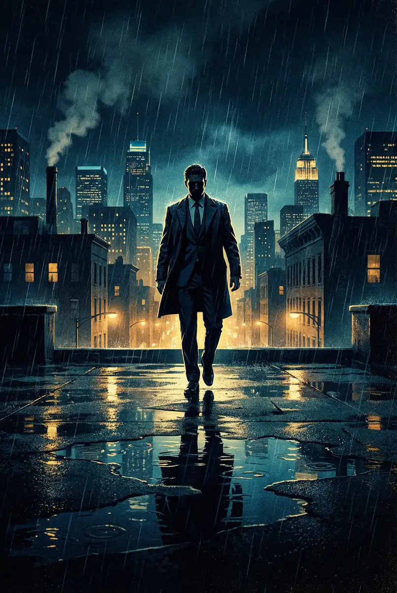 感情医生 出品影片《雨夜独行者》海报，雨中城市屋顶男性剪影